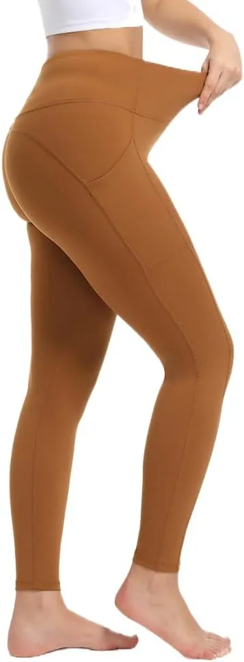 Women's Leggings with Pockets High Waist Tummy Control Yoga Pants - Brown
