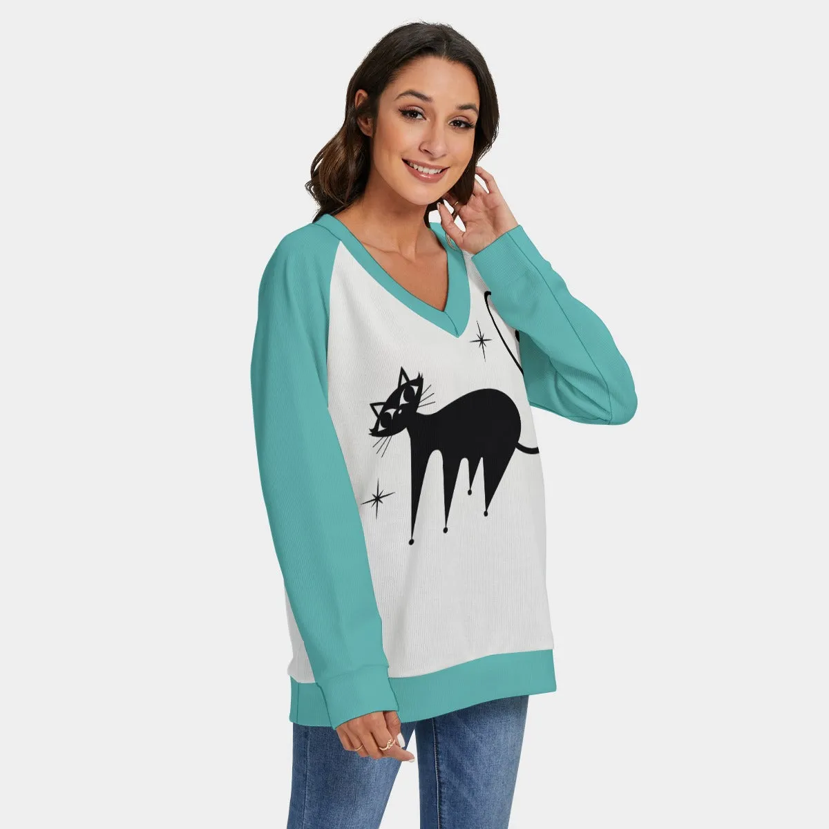 Women's Retro Cat Sweater | 50s Turquoise Cat Print Knit Sweater | Vintage Cat Lover Pullover