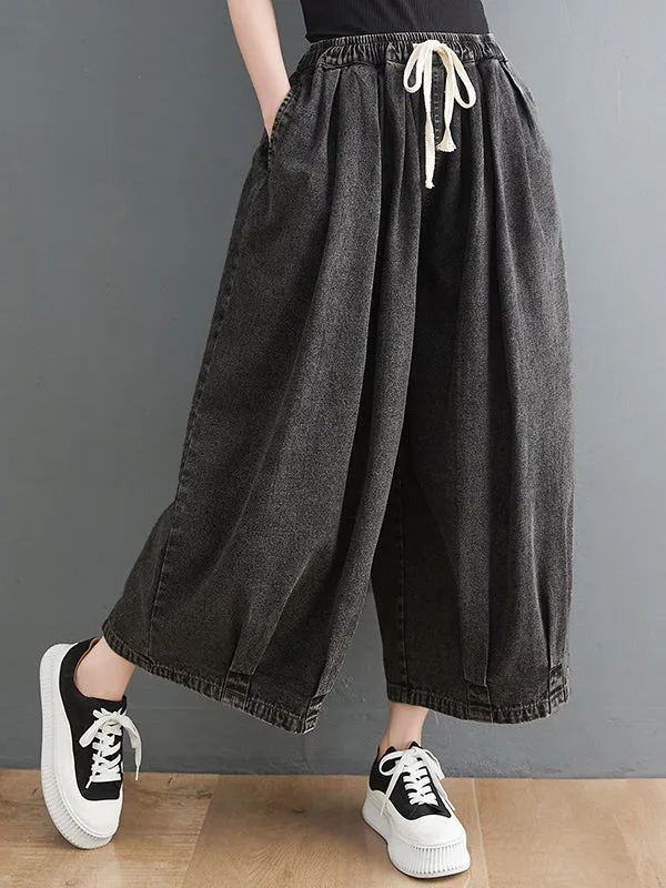 xakxx Casual Loose Drawstring Wide Legs Jean Pants