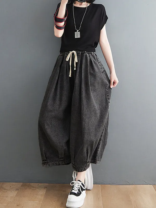 xakxx Casual Loose Drawstring Wide Legs Jean Pants