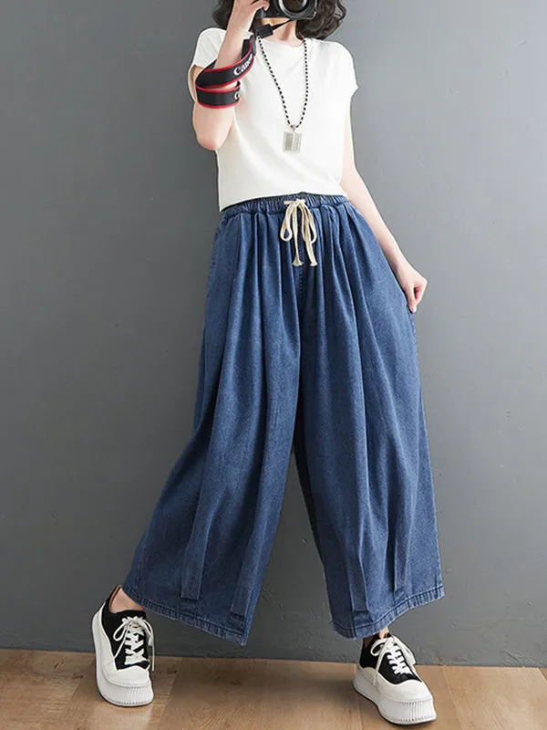 xakxx Casual Loose Drawstring Wide Legs Jean Pants