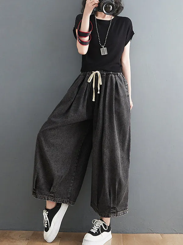 xakxx Casual Loose Drawstring Wide Legs Jean Pants