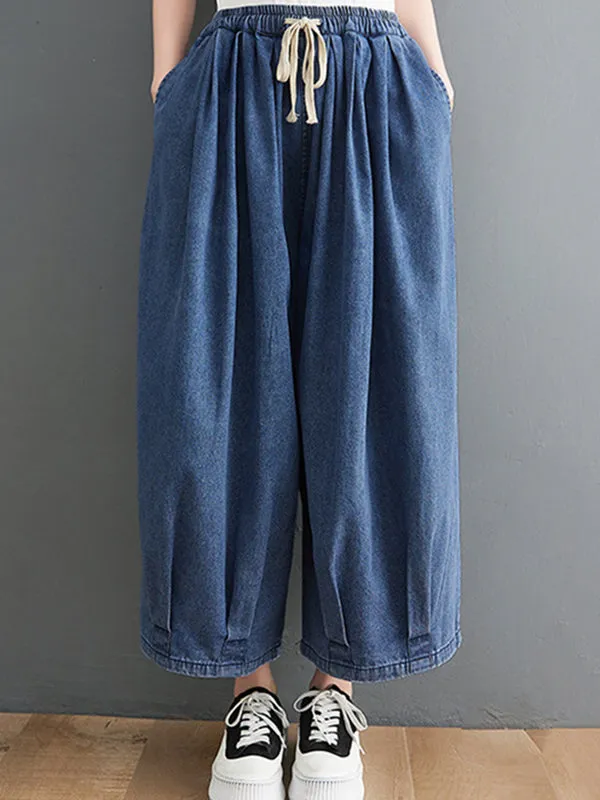 xakxx Casual Loose Drawstring Wide Legs Jean Pants