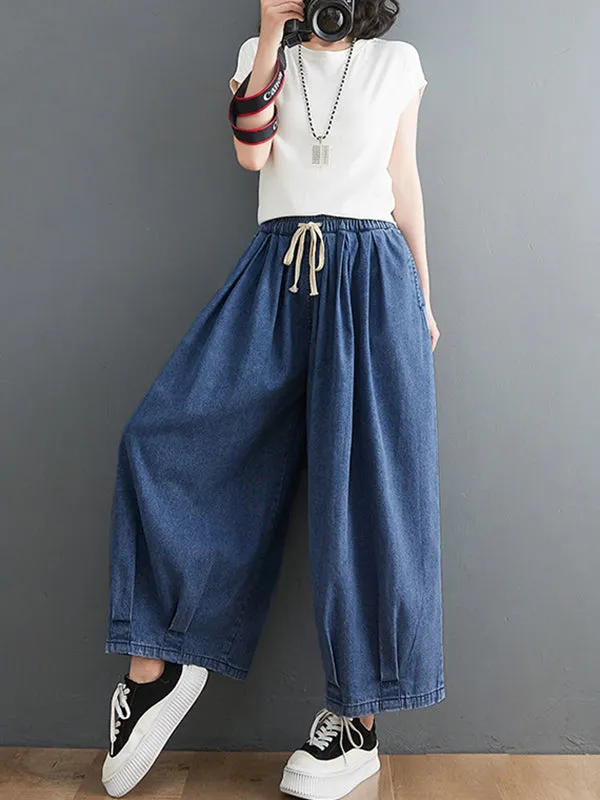 xakxx Casual Loose Drawstring Wide Legs Jean Pants