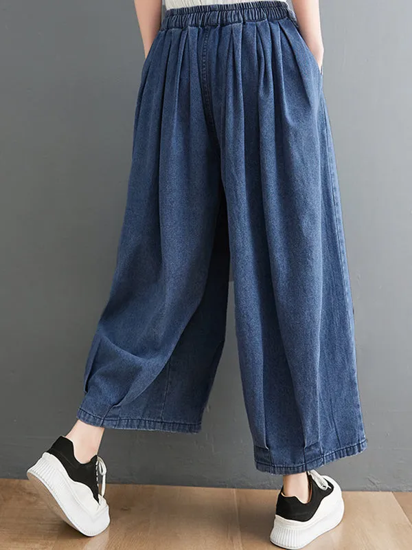 xakxx Casual Loose Drawstring Wide Legs Jean Pants