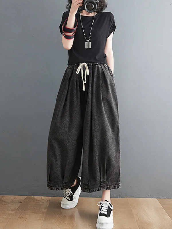 xakxx Casual Loose Drawstring Wide Legs Jean Pants