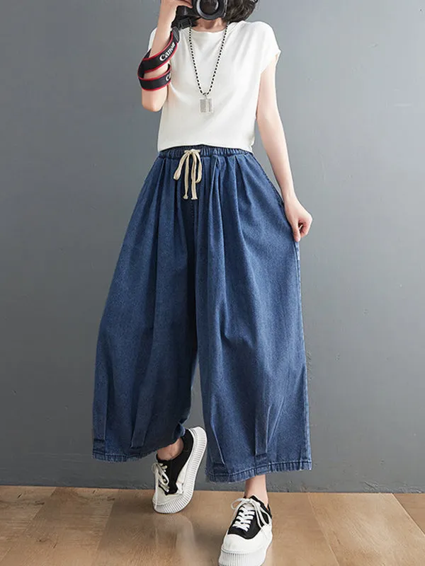 xakxx Casual Loose Drawstring Wide Legs Jean Pants