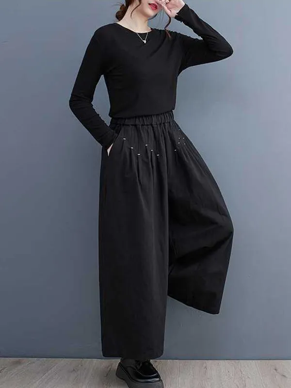 xakxx Loose Wide Leg Elasticity Embroidered Pleated Ninth Pants Trousers