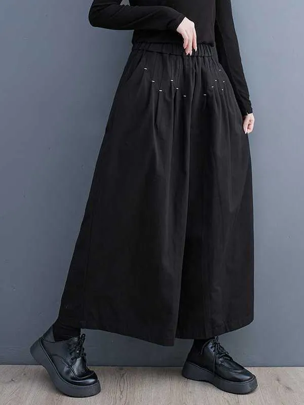 xakxx Loose Wide Leg Elasticity Embroidered Pleated Ninth Pants Trousers