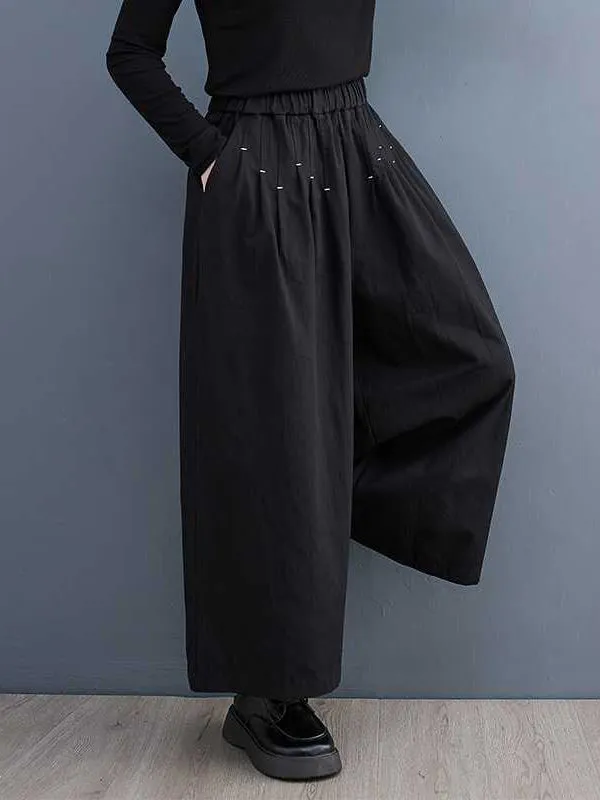 xakxx Loose Wide Leg Elasticity Embroidered Pleated Ninth Pants Trousers