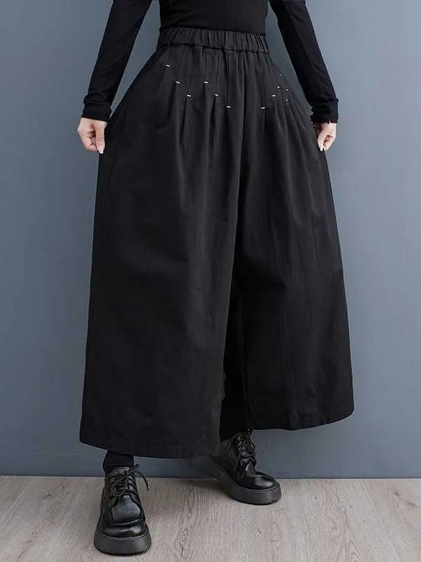 xakxx Loose Wide Leg Elasticity Embroidered Pleated Ninth Pants Trousers
