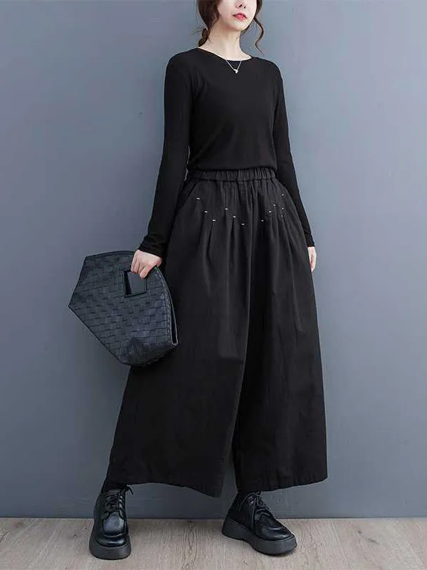 xakxx Loose Wide Leg Elasticity Embroidered Pleated Ninth Pants Trousers