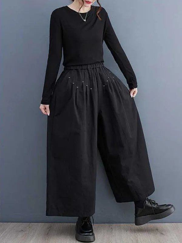 xakxx Loose Wide Leg Elasticity Embroidered Pleated Ninth Pants Trousers