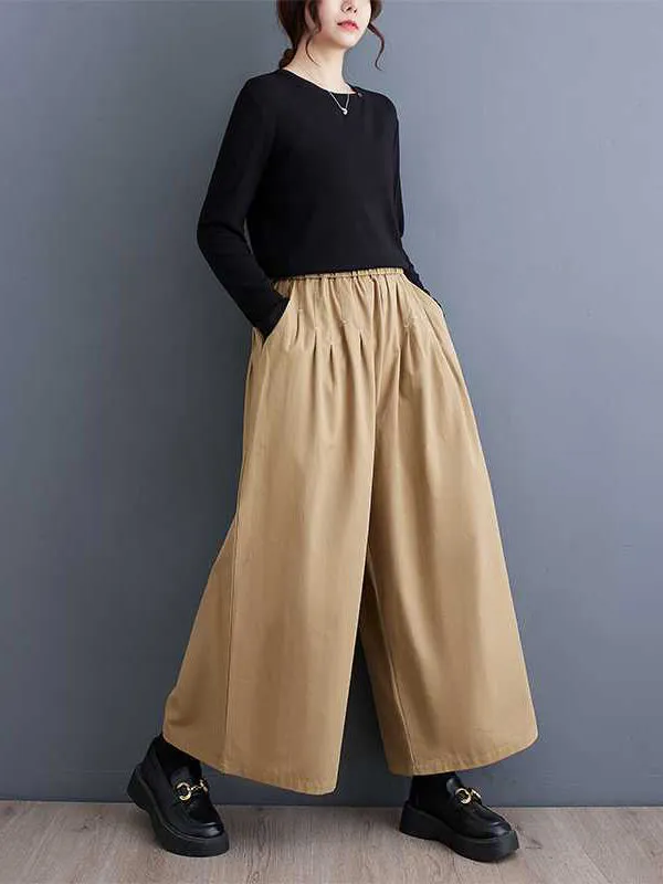 xakxx Loose Wide Leg Elasticity Embroidered Pleated Ninth Pants Trousers