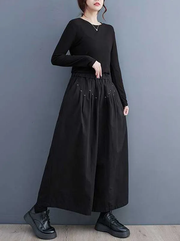 xakxx Loose Wide Leg Elasticity Embroidered Pleated Ninth Pants Trousers