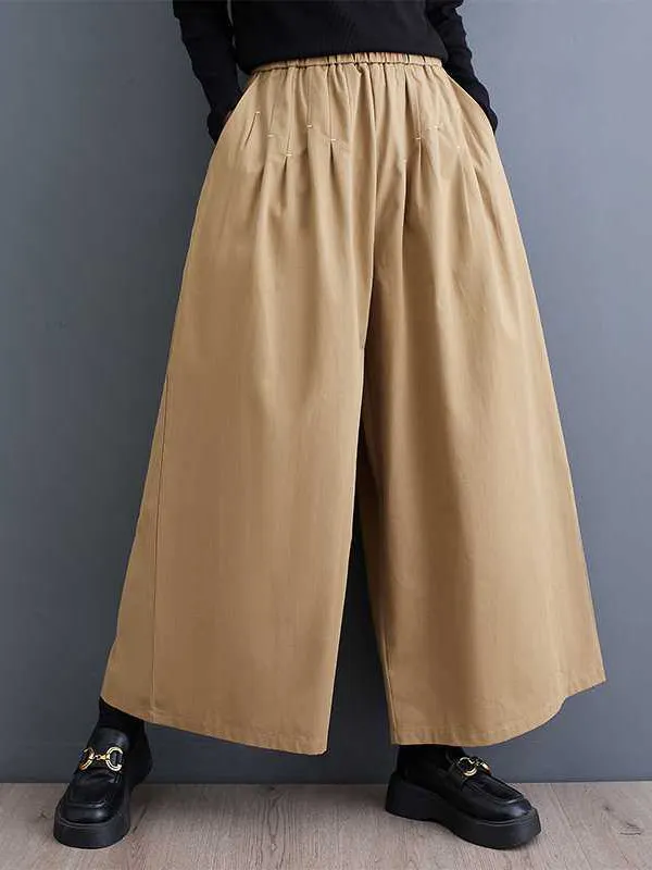 xakxx Loose Wide Leg Elasticity Embroidered Pleated Ninth Pants Trousers